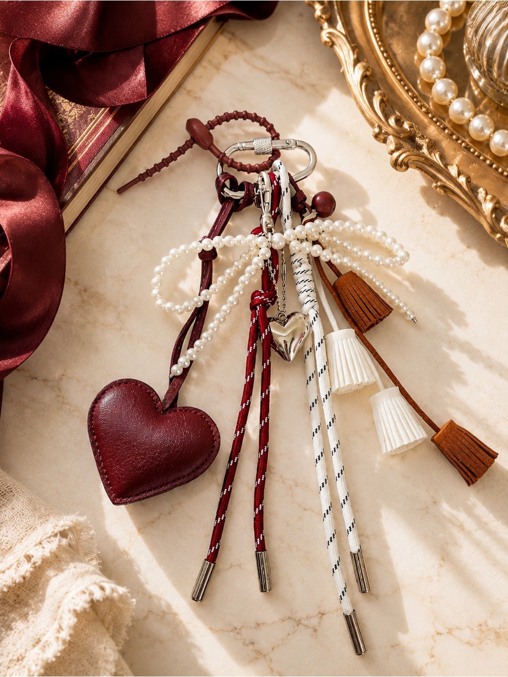Ruby Heritage Heart Cluster Bag Charm | Pearl Bow Keychain